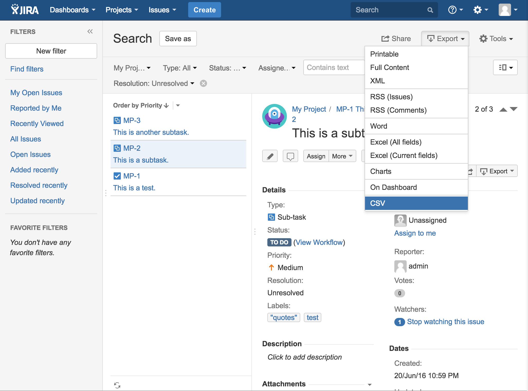 JIRA Issues CSV Exporter Plugin